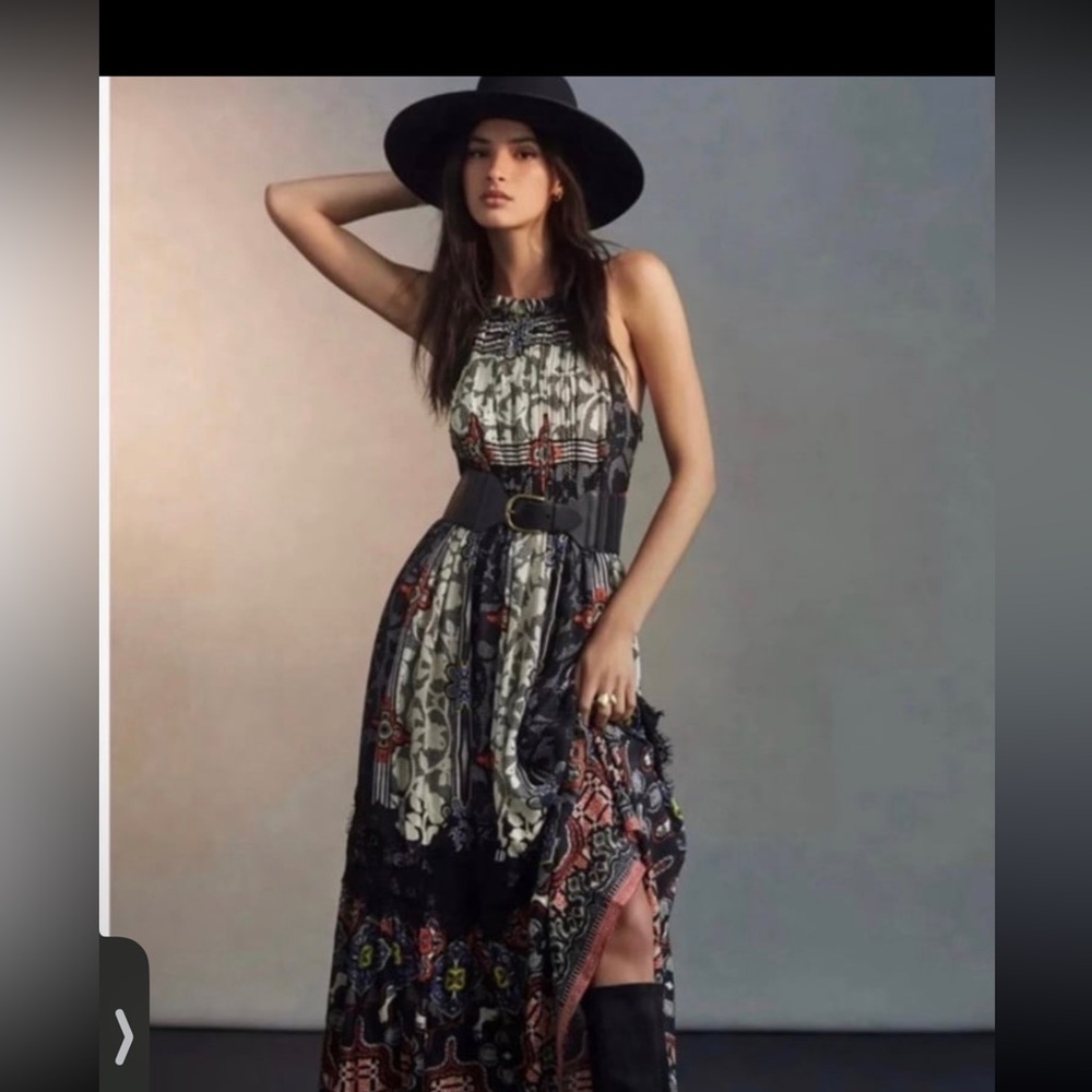 Anthropologie Bhanuni by Jyoti Black Multi-Floral Motif Mixed Tiered Dress Sz 8